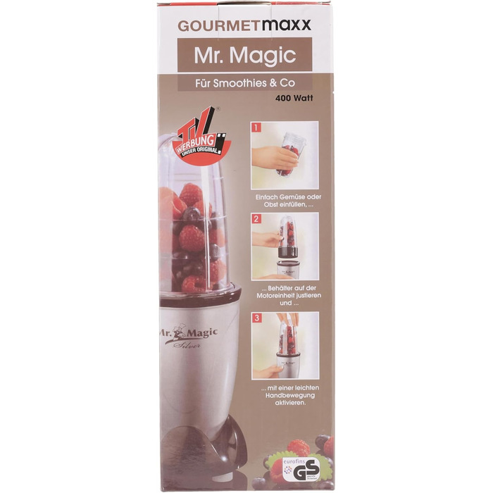 Електричний міні-блендер GOURMETmaxx 400Вт, 4-в-1: смузі-мейкер, стаціонарний міксер, 500 мл, 9 функцій, BPA-вільний, сріблясто-чорний, з дорожнім стаканом, можна мити в посудомийній машині