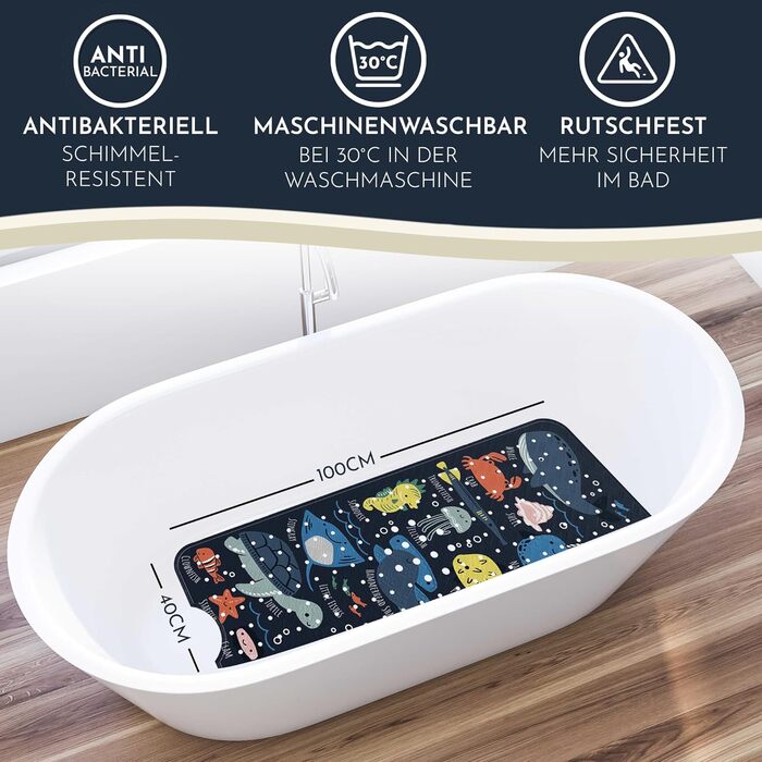 Дитячий килимок для ванни Homerella, антиковзний, 100% BPA Free, 100x40 см, з 2 гачками, гіпоалергенний, стійкий до плісняви, можна прати, темно-синій з морським дизайном