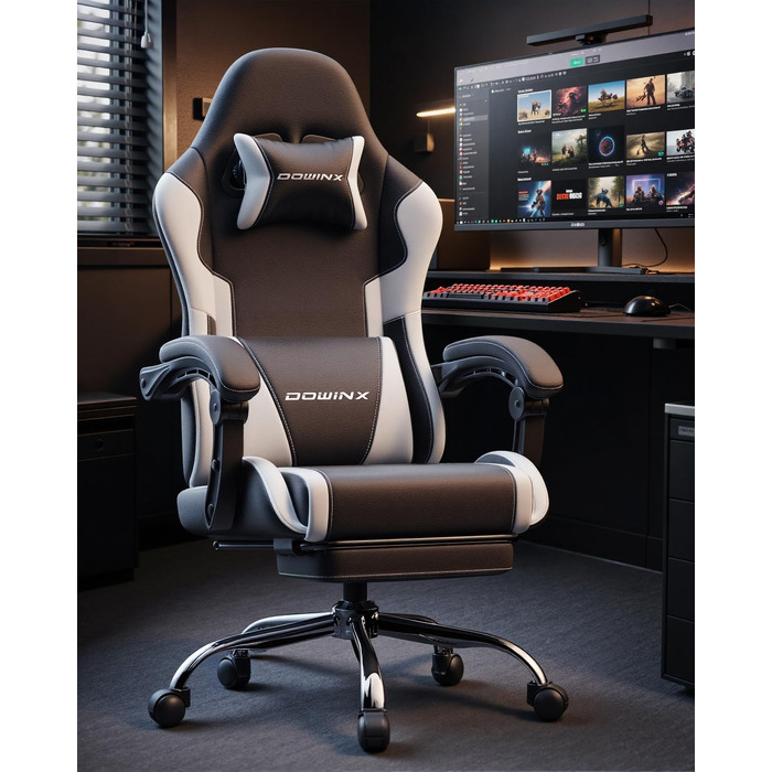 Ігрове крісло Dowinx Ergonomic Gaming Chair з підставкою для ніг, біле, витримує до 150 кг, з регульованими підлокітниками для ПК та офісу