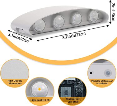 Світильник настінний Lureshine, 2 шт., алюміній, 8 Вт, LED, 3000K, IP65, білий, для вітальні, внутрішній і зовнішній монтаж, 22x8x5 см, тепле світло, ап-даун