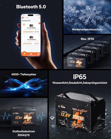 LiFePO4 акумулятор LiTime 12V 100Ah з Bluetooth для кемпінгу, житлових будинків та електромоторів човнів