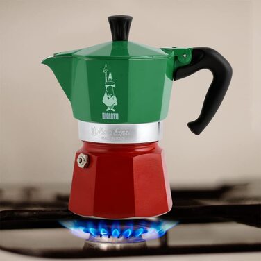 Кавоварка Bialetti Moka Express Italia, 3 чашки, алюмінієва, червоно-зелено-срібляста, класична еспресо-турка для плити