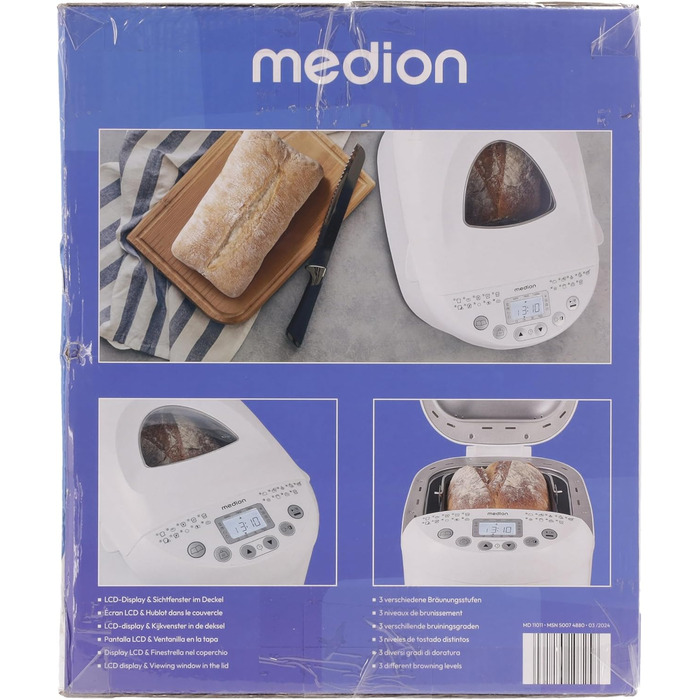 Хлібопічка MEDION MD 11011, 550 Вт, 19 програм, 1000 г, 3 рівні підсмажування, таймер, підтримка тепла