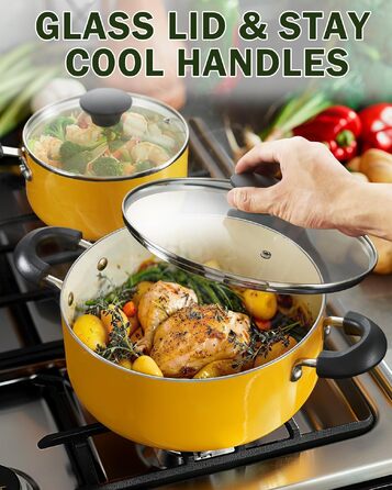 Набір кухонного посуду Cook N Home керамічний антипригарний 10 предметів, жовтий: каструлі, сковороди, каструля-казан з кришкою
