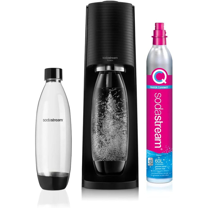 Сифон для газування води SodaStream Terra Value Pack, 2 пляшки по 1 л (придатні для ПММ) та 1 балон CO2 Quick Connect на 60 л, чорний матовий