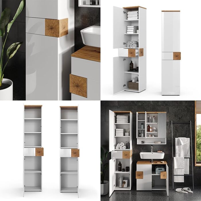Високий шафа для ванної Vicco Eden, білий глянець/дуб Артизан, 40x184,2 см, 2 двері, шухляда