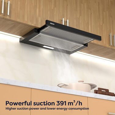 Витяжка кухонна CIARRA CBCB6906D 60 см, T-подібна, чорна, A++, продуктивність 391 м³/h, LED-підсвітка, з вугільним фільтром CBCF002X2, режим рециркуляції та відведення