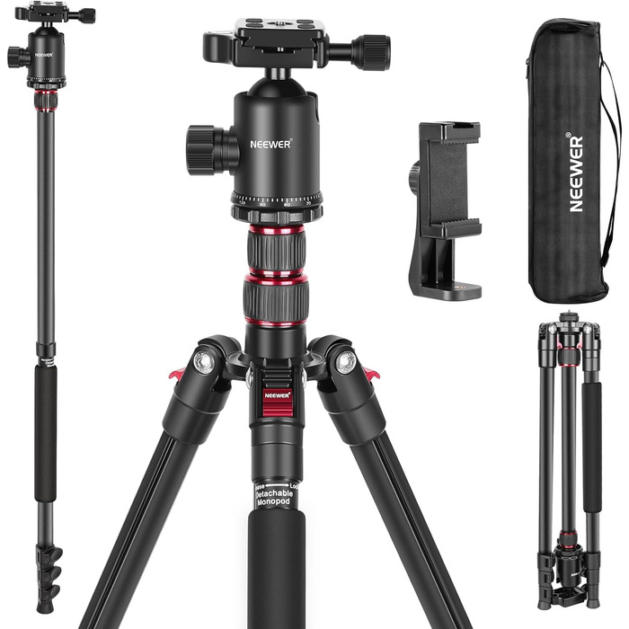 NEEWER 77'' штатив-монопод для DSLR і телефону, алюмінієвий, з 360° панорамною головкою, 2-осьовою центральною колоною, Arca QR, до 15,4 кг, сумка