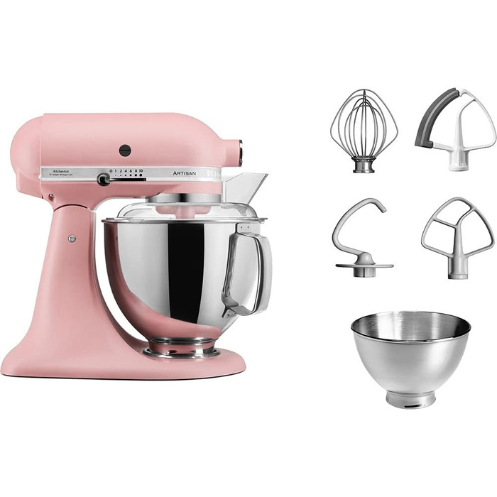 Кухонна машина KitchenAid Artisan — планетарний міксер з чашами з нержавіючої сталі 4.8 л та набором з 5 аксесуарів, колір Dried Rose