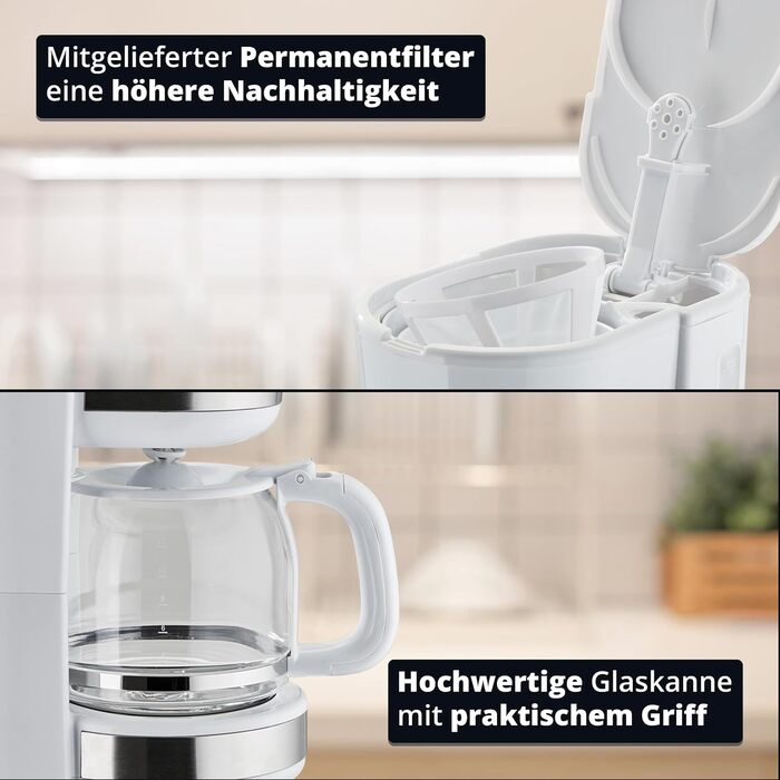 Кавоварка KHG KA-129 WE2, біла, 12 чашок, 1,5 л, скляна колба, нержавійка, постійний фільтр, авто вимкнення, індикатор рівня води, захист від капання