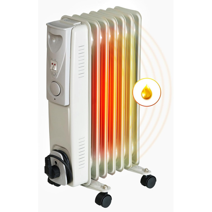 Електричний масляний радіатор BROLLUX 1500W, мобільний обігрівач з 7 секціями та термостатом