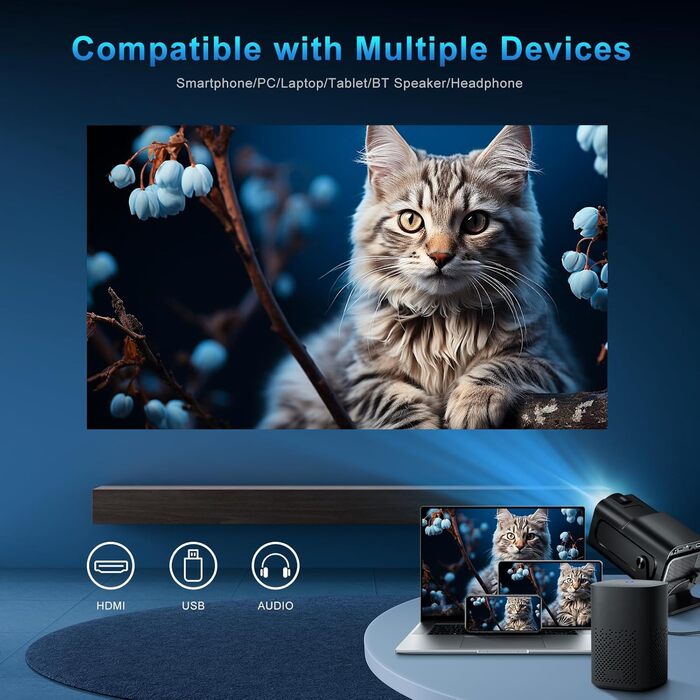 Портативний проєктор Mini Beamer 4K з підтримкою WiFi 6 та Bluetooth 5.4. Підходить для Android 11, HDMI, TV Stick, Laptop. Автоматична корекція траєкторії, обертання 360° (HY320)