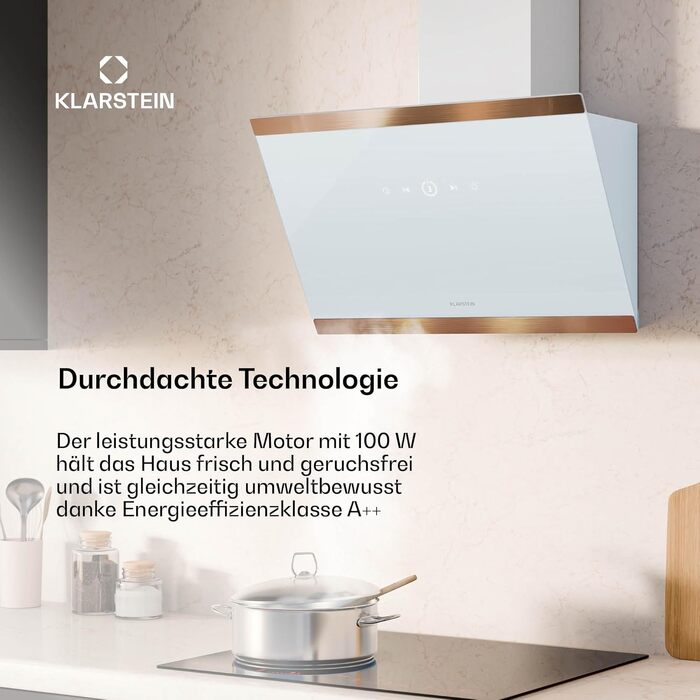 Витяжка кухонна Klarstein FlashLine 60, 60 см, сенсорне керування, продуктивність 524 м³/год, клас енергоефективності A++, LED-освітлення, низький рівень шуму 34,5 дБ, білий/мідний, режим відведення та рециркуляції повітря