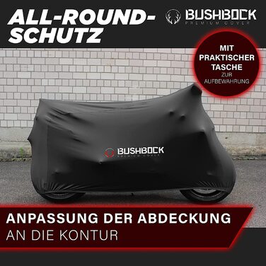 Преміум чохол для мотоцикла в приміщенні BUSHBOCK® — еластичний пилозахисний покривал з дихаючого оксамитового стрейч-тканини, розмір M-L, чорний