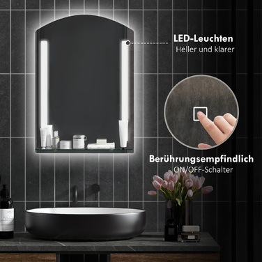Дзеркало для ванної кімнати з LED-підсвіткою, елегантне та високоякісне. Виготовлене зі скла, алюмінію та пластику. Розміри: 50 см (Ш) x 12 см (Г) x 70 см (В).
