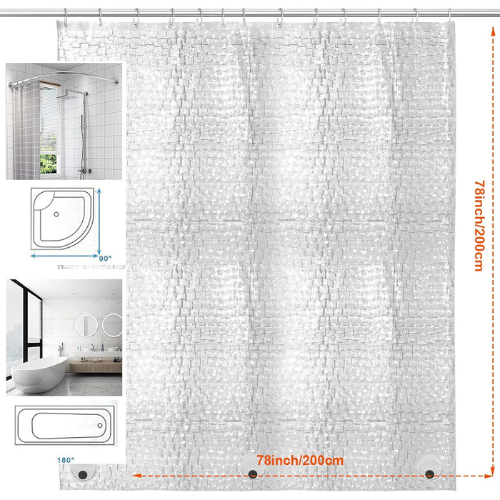 Душова завіса AiQInu 200x200 см, прозора 3D EVA, антигрибкова, водонепроникна, екологічна, з обтяжувачем, 13 гачків, для ванної кімнати