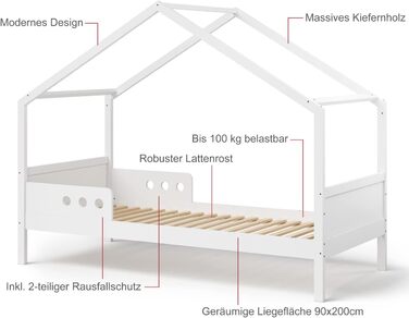 Дитяче ліжко-домік Bellabino Bela 90x200 см з бортиками, біле, з масиву сосни, для дівчаток і хлопчиків, з ламелями