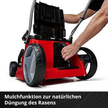 Акумуляторна газонокосарка Einhell GE-CM 43 Li M Kit Power X-Change 36В, безщіткова, ширина косіння 43 см, для газонів до 600 м², з мульчуванням, кошик 63 л, висота 25-75 мм, 2 акумулятори 4.0 А·год та 2 зарядні пристрої