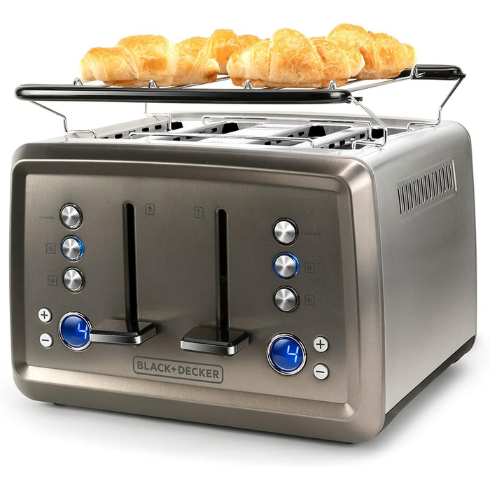 Тостер BLACK+DECKER BXTO1960E 1960Вт, 4 слоти, 6 режимів, цифрове налаштування, підігрів і розморожування, автоматичне центрування, підігрівач для булочок