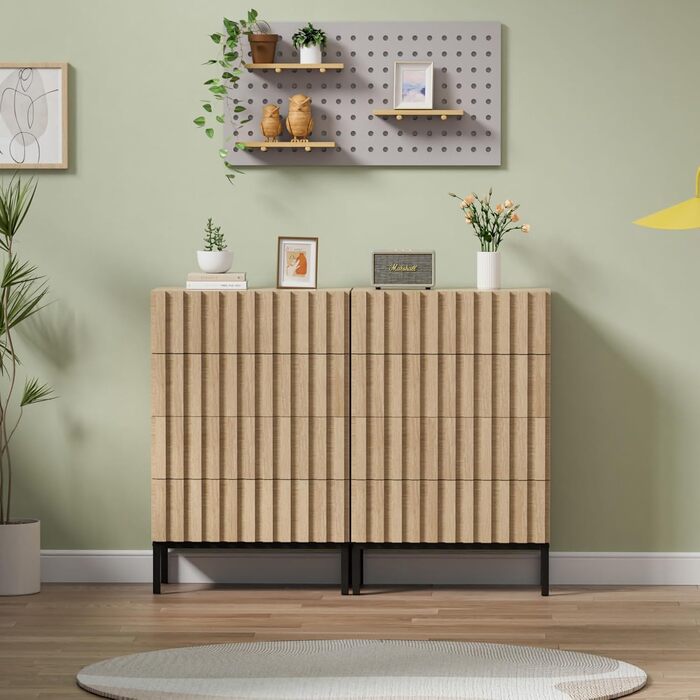 Комод UEV з 4 висувними ящиками, комплект 2 шт, 120x34,5x92 см, вузький дерев'яний комод для зберігання вітальня, спальня, передпокій (натуральний)