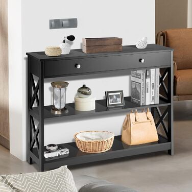Консольний стіл GIANTEX чорний 100x30x80 см з висувною шухлядою та 2 полицями, вузький стіл у передпокій, сучасний декор-столик, тумба з захистом від перекидання