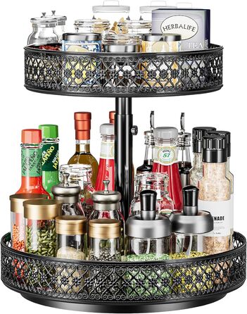 Органайзер Lazy Susan з 2 ярусами, обертовий металевий піднос 30,5 см, регульований, чорний, для спецій, кухні, шафи, ванної