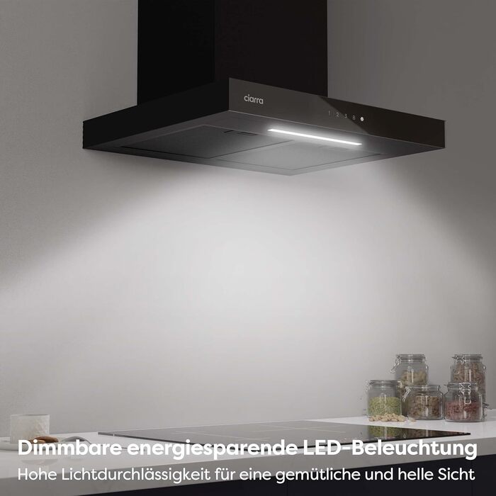 Витяжка для кухні CIARRA CBCS6102 A+++ 60см, чорна, продуктивність 650м³/год, з вугільним фільтром CBCF003, сенсорне керування, режим рециркуляції та відведення повітря