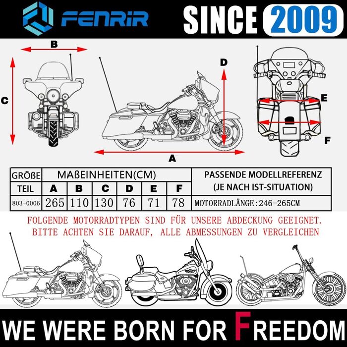 Чохол для мотоцикла FENRIR 265x110x130 см, водонепроникний для Cruiser/Touring, підходить до GL1800 Gold Wing, K1600GT, K1600B, R18, Electra Glide, Road King, Road Glide, Street Glide, для вулиці