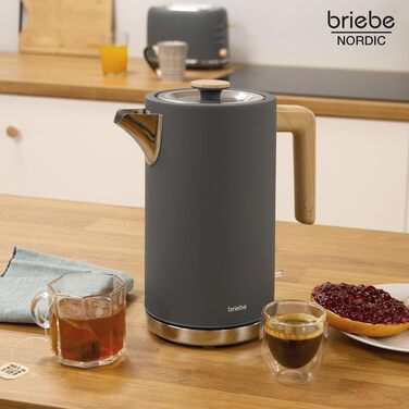 Тостер Briebe Nordic Set 2-слотовий з підставкою для булочок, 6 рівнів підсмажування + Електричний чайник 1.7л 2200Вт, Швидке нагрівання, BPA-free, Сірий
