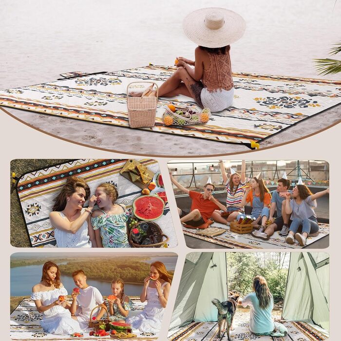 Водонепроникний килимок для пікніка HausProfi Boho 200x200 см, ізольована пляжний ковдра для кемпінгу з бавовняним наповнювачем, ручкою та кілками