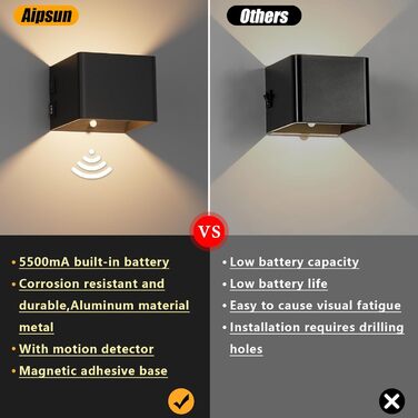 Aipsun LED настінний світильник з акумулятором 5500 мА·год, 2 шт., з датчиком руху, 3000K, 5 Вт, бездротовий, з вимикачем, для спальні, вітальні, сходів, антрацит