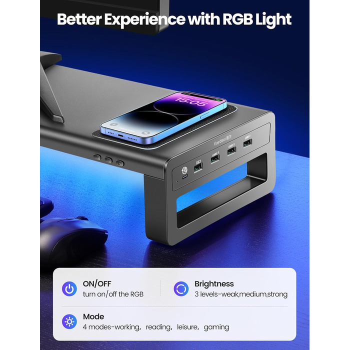 Підставка для монітора VAYDEER USB 3.0 з бездротовою зарядкою та передачею даних, металевий тримач для ноутбуків та комп'ютерів до 32 дюймів, чорний, L