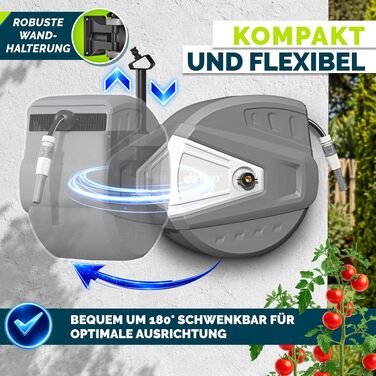 Шланг для поливу Tillvex з автоматичною намоткою, 30м, сірий + настінне кріплення та ручка для перенесення