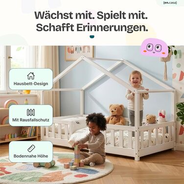 Дитяче ліжко-будиночок Treviolo 80x160 см з бортиками та ламелями, сосна, білий — Montessori