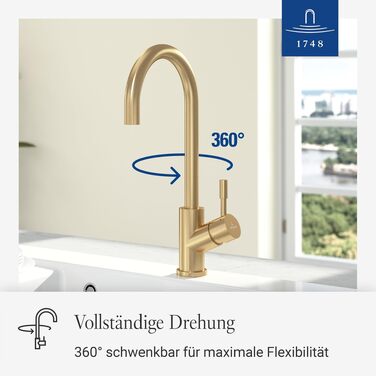 Змішувач кухонний Villeroy & Boch Umbrella Flex з висувним душем, поворотний на 360°, економний, висота виливу 220 мм (Золото)