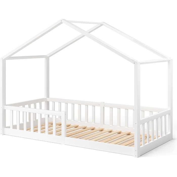 Дитяче ліжко-домік Bellabino Bia 80x160 см, біле, з бортиком і основою, Montessori підлогове ліжко з масиву сосни