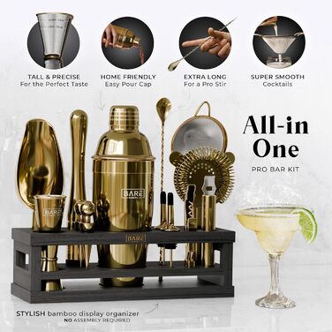 Набір для коктейлів BARE BARREL Mixology Barkeeper Set, 16 предметів, з коблер-шейкером 24oz та 35 картками рецептів, золотий/чорний