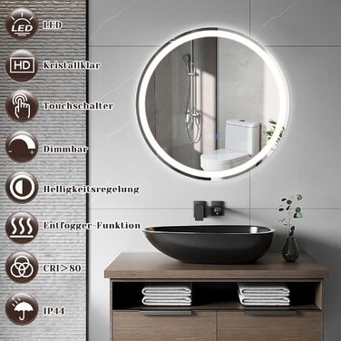 Дзеркало для ванної кімнати Mursche з підсвічуванням LED, 50x70 см, IP44, з сенсорним вимикачем та функцією запобігання запотіванню, регулювання яскравості 3000K-6500K