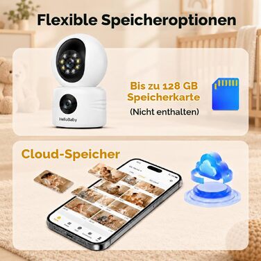 Відеоняня HelloBaby WiFi з камерою, нічним баченням та датчиком руху, двосторонній аудіозв'язок, керування через додаток, підтримка Cloud/SD карти пам'яті (Білий)