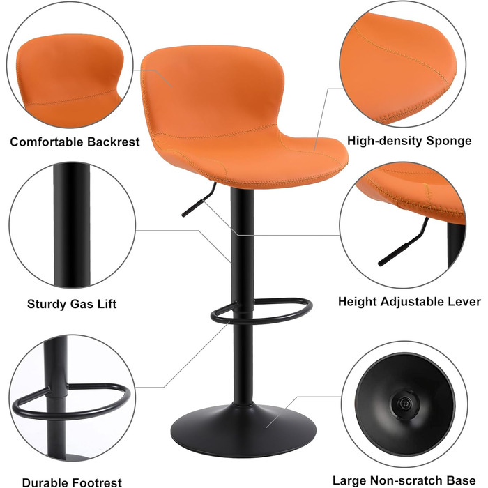 Стілець барний Youhauchair, 2 шт, регульований, PU шкіра, водостійкий, з підлокітниками, обертовий, сучасний, помаранчевий