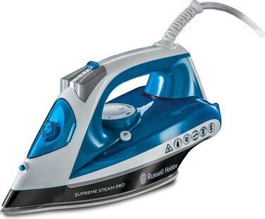 Паровий праска Russell Hobbs 23971-56 Supreme Steam Pro, керамічна підошва, потужність 2600 Вт, з функцією потужного парового удару, синій/білий
