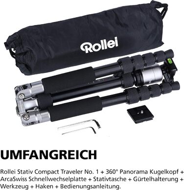 Rollei Compact Traveler No. 1 – легкий алюмінієвий туристичний штатив 31,5 см, Arca Swiss, з кульовою головкою і чохлом, сріблястий