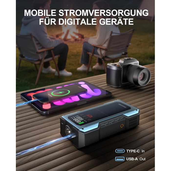 Бустер для авто Starthilfe Powerbank 6000A: пусковий пристрій з компресором 150 PSI, 12V для бензинових (до 9л) та дизельних (до 7.5л) двигунів, синій