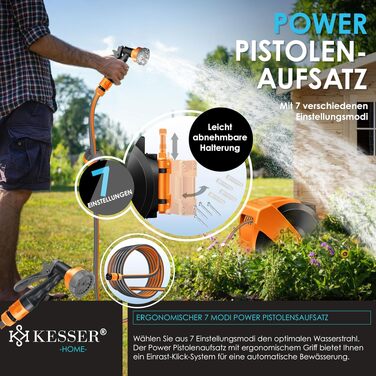 Шланг садовий KESSER® на котушці 35м з настінним кріпленням, поворотний 180°, автоматичне скручування, чорно-помаранчевий, з душем 7 функцій