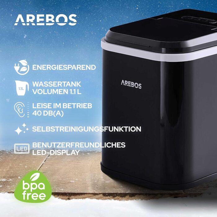 Машина для приготування льоду Arebos 12 кг/24 год | Чорна | З самоочищенням, тихою роботою та вікном для контролю рівня льоду