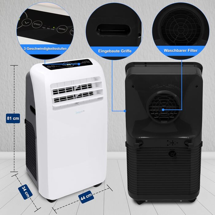Мобільний кондиціонер SereneLife 9000 BTU 4-в-1: охолодження, обігрів, вентилятор і осушувач повітря, з пультом ДУ, для кімнат до 20 м², білий, комплект для віконного монтажу