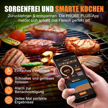 Бездротовий м'ясний термометр INSMART Bluetooth 100м, водонепроникний IPX7, з розумним додатком для духовки, гриля, коптильні, аерофритюрниці, основний колір