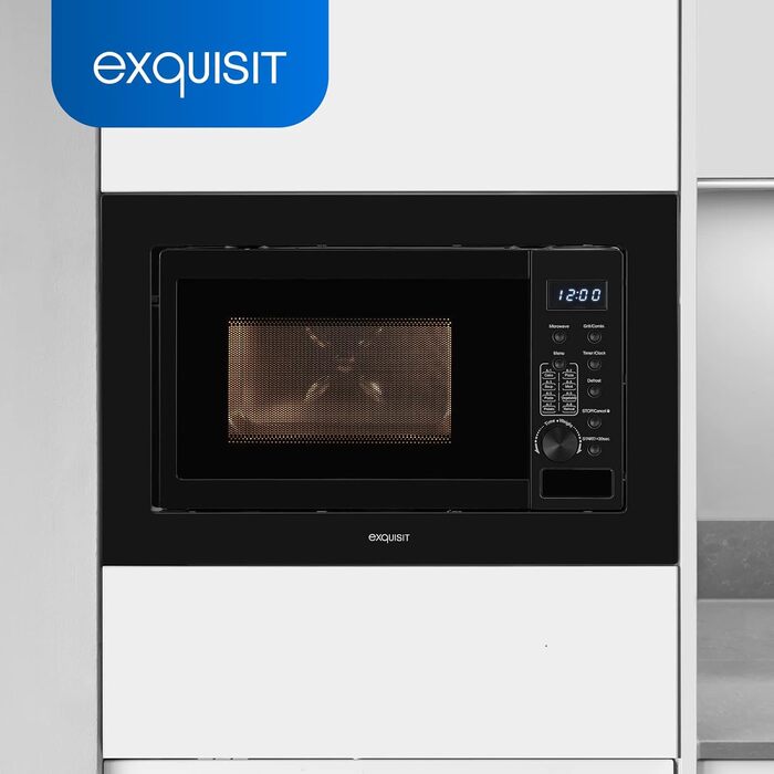 Вбудована мікрохвильова піч Exquisit EMW20-DG-020, 800 Вт, гриль 1000 Вт, 8 автопрограм, 27 см, нержавійка, чорна, цифрова