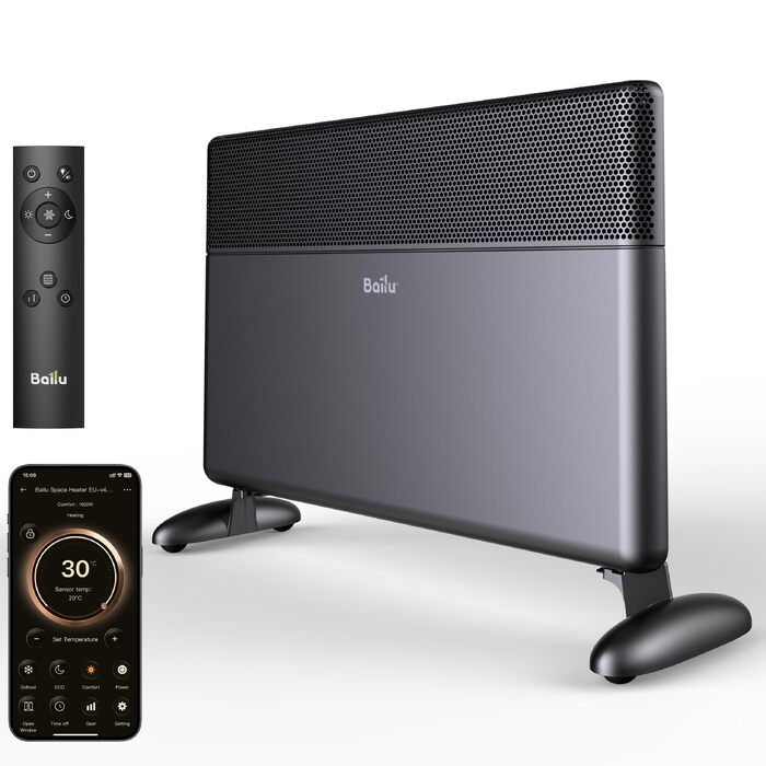 Конвектор електричний Ballu з Wi-Fi керуванням, 1500 Вт, настінний та підлоговий монтаж (чорний)