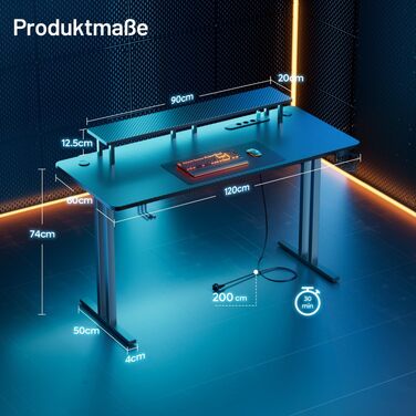 Ігровий стіл HLONONE з LED-підсвіткою та розеткою, 120 x 60 см, комп'ютерний стіл для геймерів, чорний